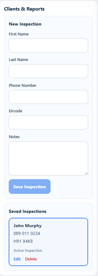 Customer name, phone, Eircode and notes in the New Inspection form