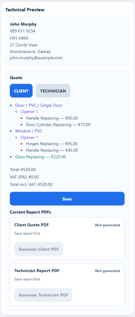 Customer quotation in the mobile layout, including work items and the total