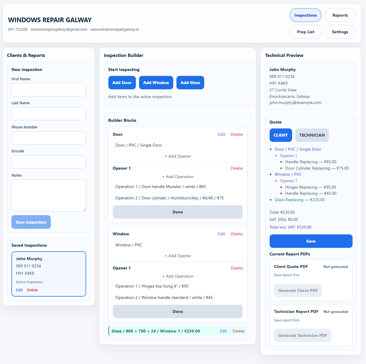 Fenipax desktop overview with customer details, recorded work and a customer quotation