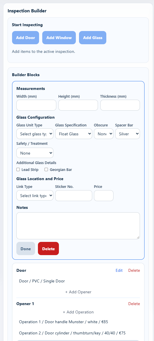 Desktop glass inspection form with width, height, thickness and glass configuration