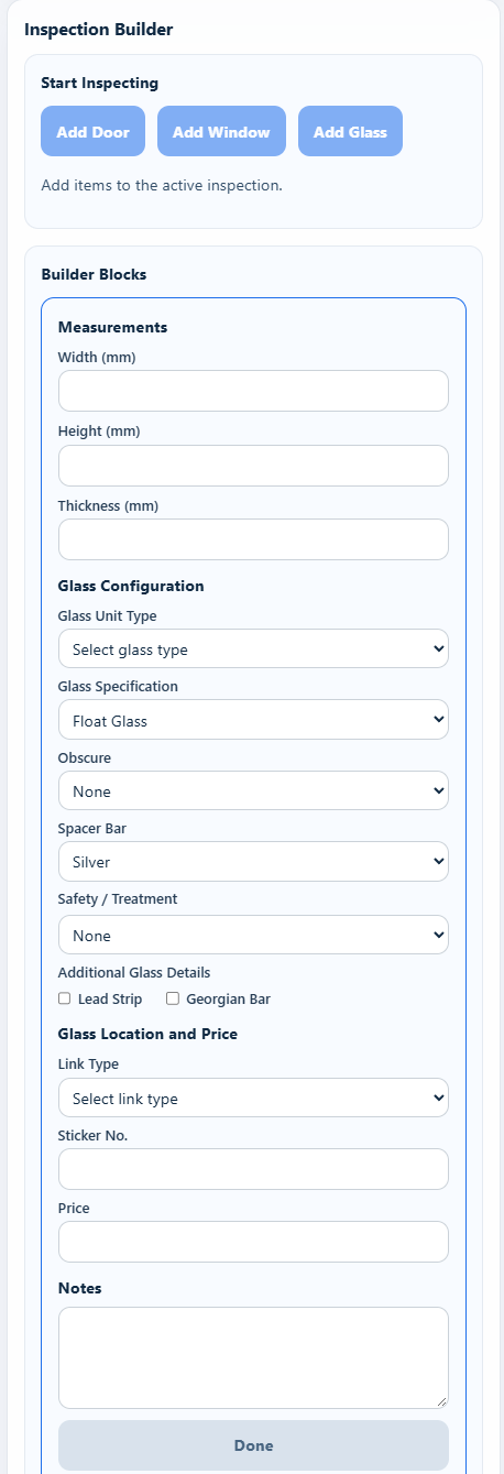 Mobile glass inspection form with measurements and glass options in a single column