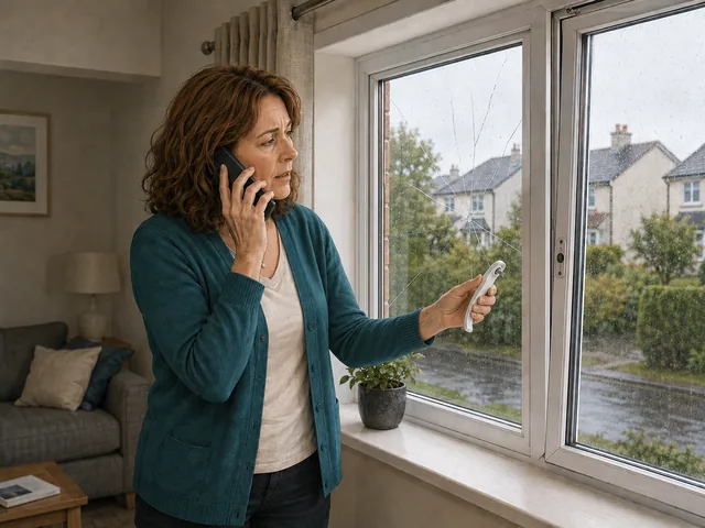 A customer calls while holding a broken window handle beside a cracked window