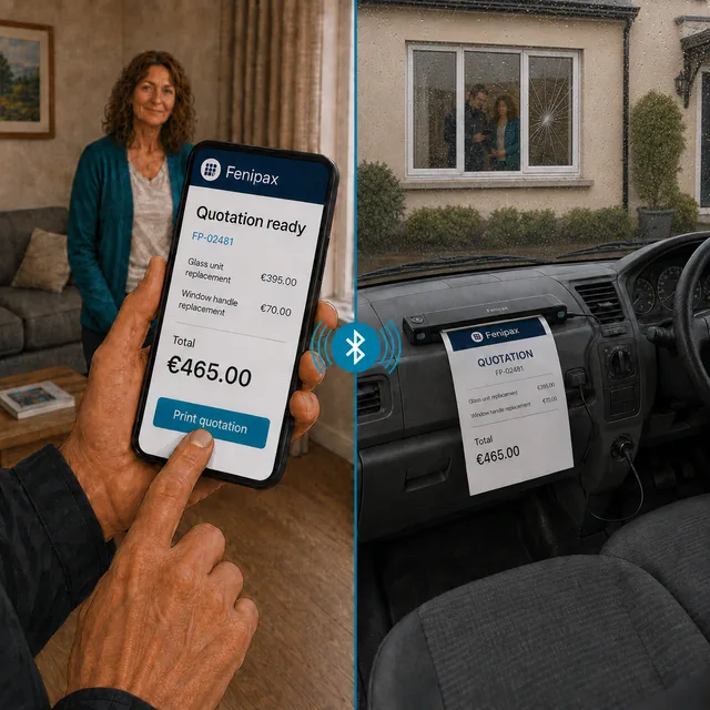 Illustration of a technician showing a quotation on a phone beside the customer, with a compact printer producing the quote in the van and the pair visible through the windscreen