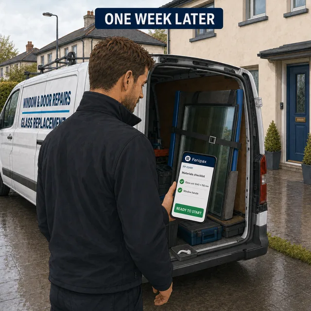 A technician checks the Fenipax materials list beside the prepared glass unit and handle in his van