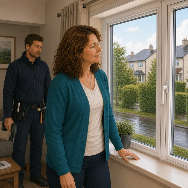 The customer looks at the repaired window while the technician stands nearby